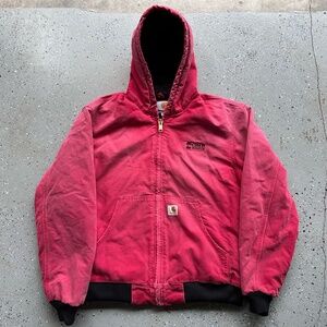 Carhartt VTG 90s Mens L Faded Red Hooded Active Jac Canvas Work Jacket USA Made